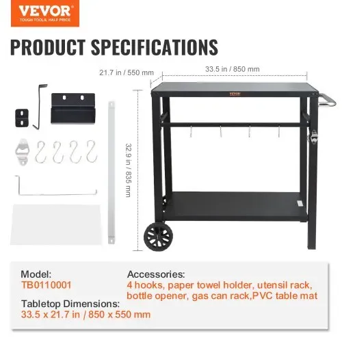 VEVOR Servierwagen Küchenwagen 100 x 64 x 83,5 cm Outdoor-Grill-Esswagen mit Doppelter Ablage, Beweglicher Grilltisch für die Zubereitung von Speisen, Multifunktionale Tischplatte aus Eisen Schwarz – Bild 6