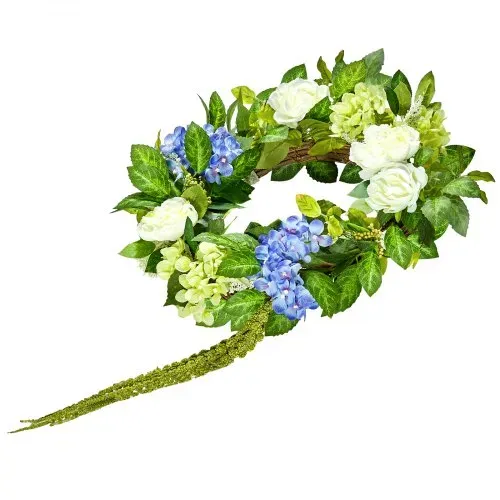 VEVOR Künstlicher Dekokranz, 58,42cm, Blau-Weiß-Grün, dekoriert mit Hortensien, Rosen, Beeren, Ranken, Türkranz ganzjährig, für drinnen & draußen, als Dekoration für Hauswände, Fenster & Festivals – Bild 9