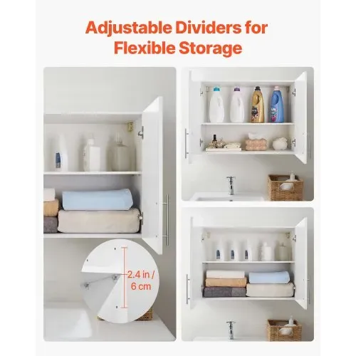 VEVOR Wandschrank für Waschküche, 2-stöckiger Wandhängeschrank mit verstellbarer Ablage, Küchenschrank mit 2 Türen, für Küche Bad Wäscherei, 40,6 x 81,3 x 61 cm (T x B x H), Oberschrank Weiß – Bild 3