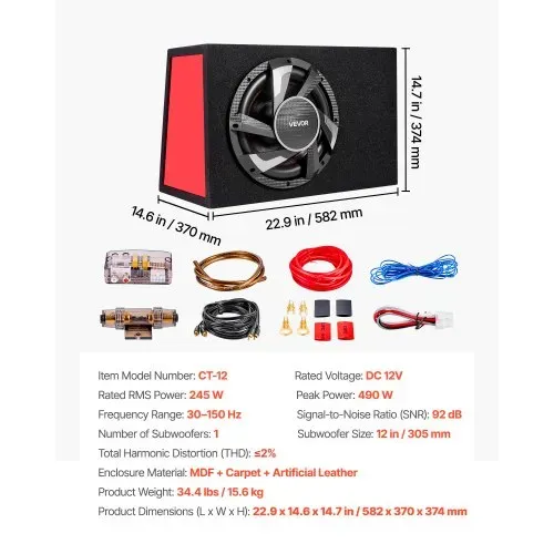VEVOR Auto Subwoofer Set mit Bestücktem Gehäuse 305 mm, Komplettes Subwoofer- und Verstärkerpaket 245 W RMS, mit Integriertem Verstärker & Verkabelungssatz, Kompakt für Auto-Audiosysteme – Bild 6