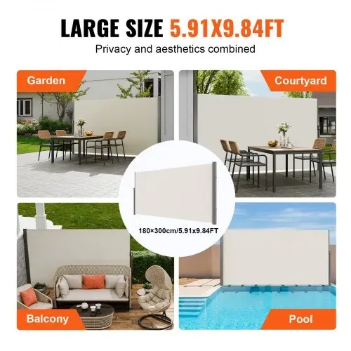 VEVOR Seitenmarkise 180 x 300 cm Seitenwandmarkise aus 180 g/m² Polyestergewebe mit PU-Beschichtung Markise einziehbarer Griff mit Federmechanismus Sichtschutz Blickschutz für Balkone Innenhöfe Beige – Bild 5