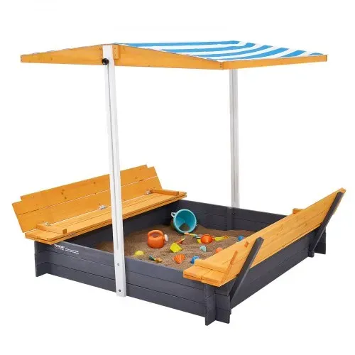 VEVOR Holzsandkasten mit Überdachung, Sandkasten, Sandgrube mit klappbaren Sitzbänken und Bodeneinlage, Naturholz-Sandkasten für Kinder für den Garten, Geschenk für Kinder im Alter von 3–12 Jahren – Bild 8
