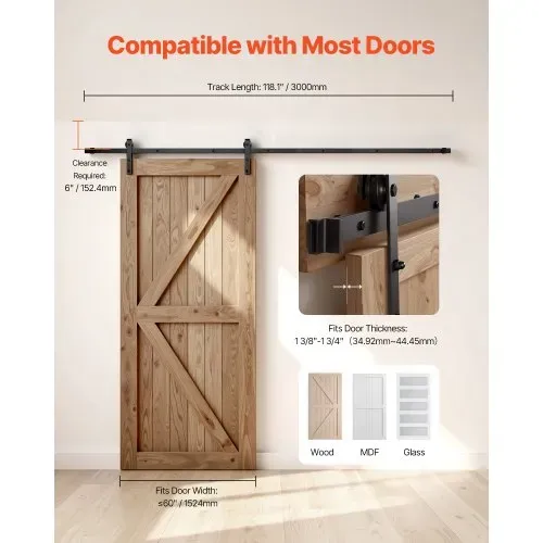 VEVOR 3 m Schiebetürsystem Beschlag für einzelne Schiebetür, 150 kg, kompatibel mit einer maximalen Breite von 1524 mm & einer Dicke von 1-3/8 bis 1-3/4 Zoll, Schiene & J-förmige Rolle, Schwarz – Bild 5