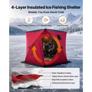 VEVOR Eisangelzelt Eisfischerzelt für 3-4 Personen 1,8×1,8x2m Zelt Isoliert, für Winterfischen, 3,13 m² Fläche, 600D 4-Lagiges Gewebe, Tragbares, Hub-Style-Angelzelt mit Ankern, Seilen, Tragetasche, Rot VEVOR Eisangelzelt Eisfischerzelt für 3-4 Personen 1,8×1,8x2m Zelt Isoliert, für Winterfischen, 3,13 m² Fläche, 600D 4-Lagiges Gewebe, Tragbares, Hub-Style-Angelzelt mit Ankern, Seilen, Tragetasche, Rot