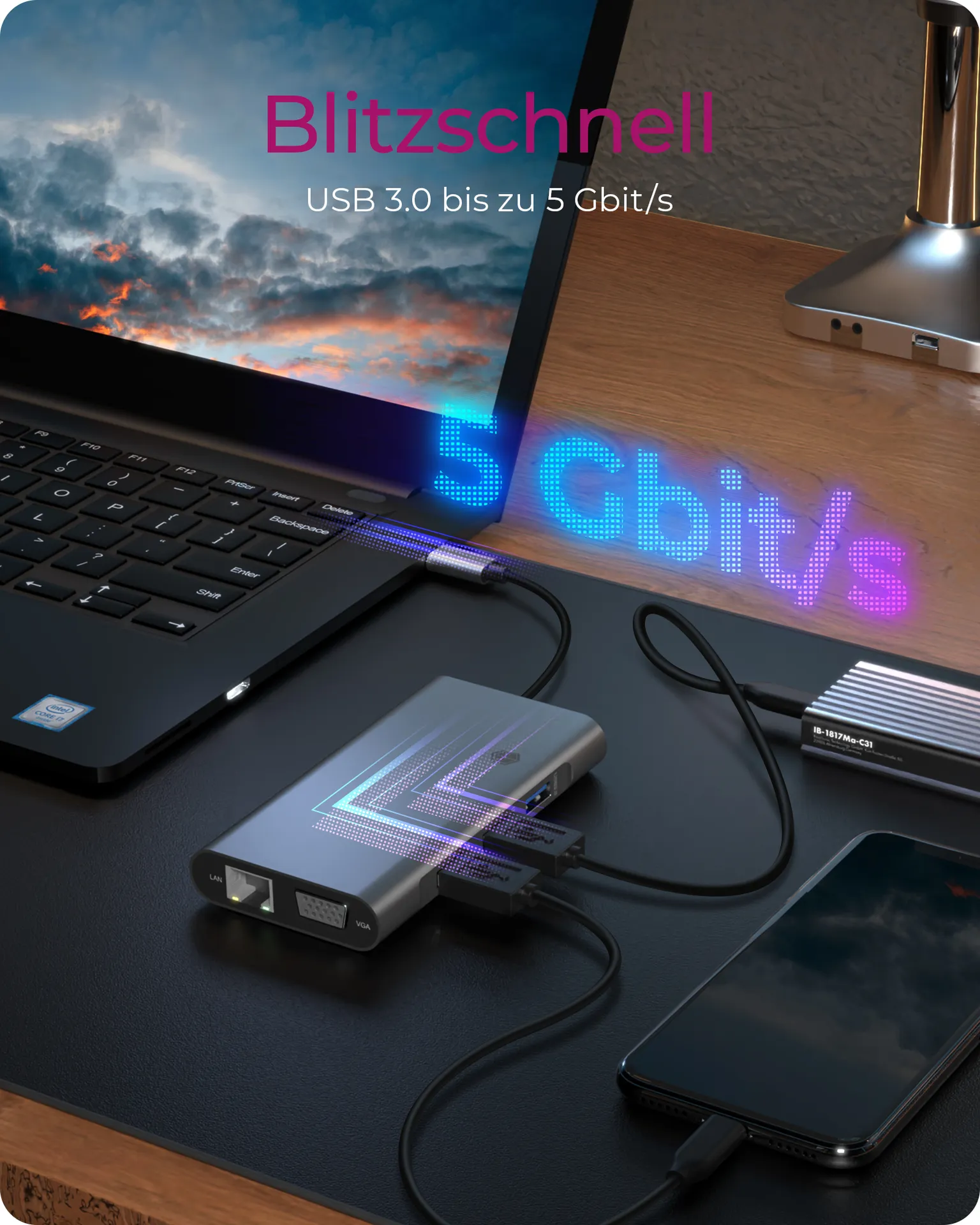 ICY BOX IB-DK4040-CPD, 10 in 1 USB Type-C® Notebook DockingStation, 1x HDMI 4K60Hz, 1x VGA, 3x USB-A, 1x USB-C(PD Only), 1x Audiocombo – Bild 6