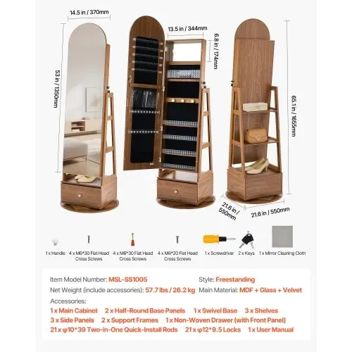 VEVOR 360° drehbarer Schmuckschrank (1655 mm hoch) mit Ganzkörperspiegel mit Stauraum, Schmuckschrank-Organizer mit 2 Schlüsseln & Zubehörtaschen & Ablagefächer & Schubladen, Schmuckaufbewahrung – Bild 6