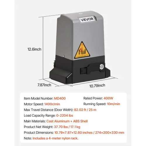 VEVOR Schiebetorantrieb, 400 W, Hoftorantrieb für Türen bis zu 25 m/1000 kg, Toröffner, Rolltormotor mit Nylon-Zahnstange, Infrarotsensor & 2 Fernbedienungen, Öffnungssystem für Einfahrtstore – Bild 6