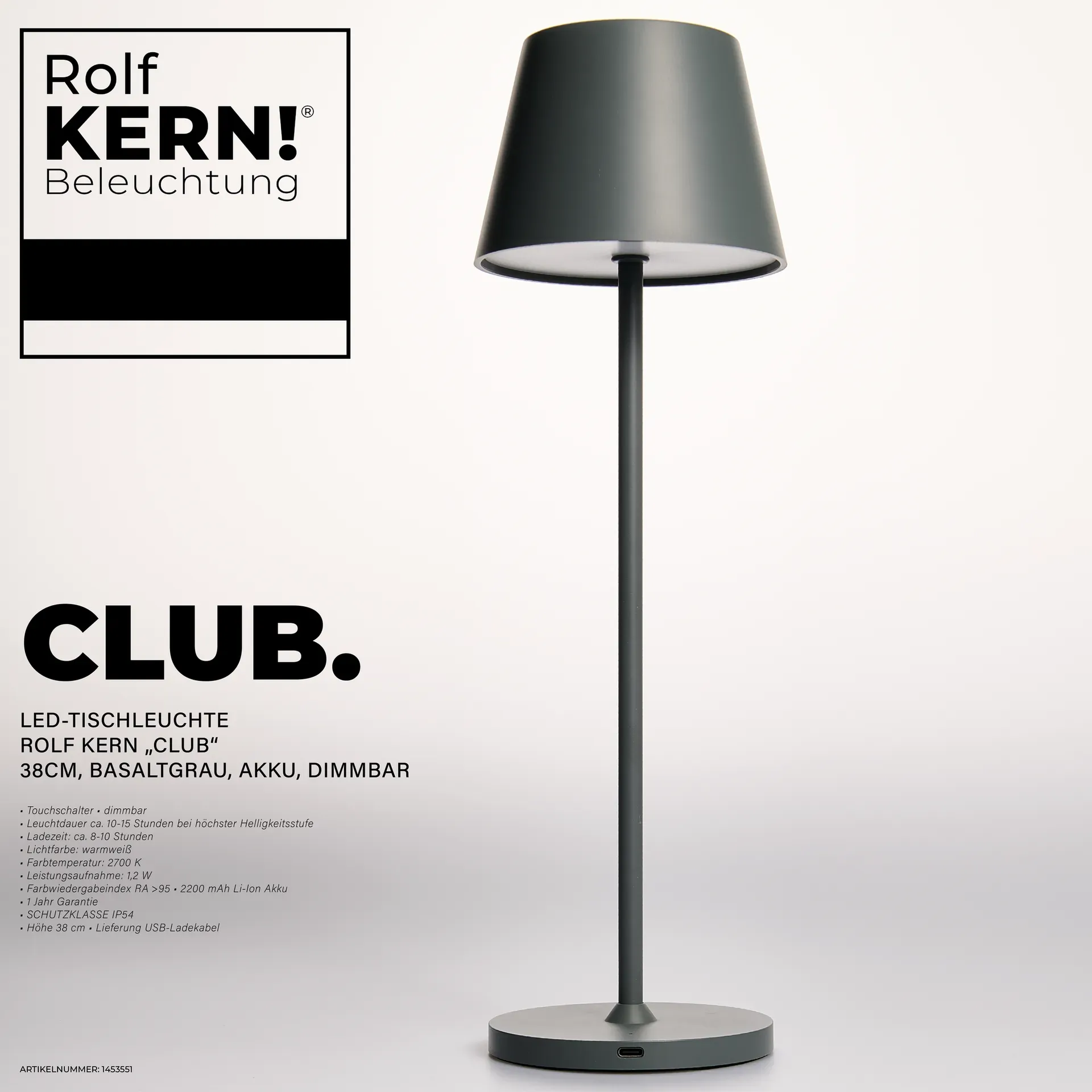 LED-Tischleuchte ROLF KERN Club 38cm, Basaltgrau, Akku, dimmbar – Bild 2