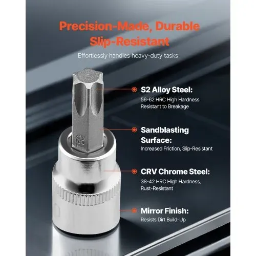 VEVOR Torx Bohrer Steckschlüsselsatz 13-tlg. Stern T8–T60, S2-Legierungsstahl & Cr-V-Stahl, 1/4 Zoll & 3/8 Zoll & 1/2 Zoll Antriebe, mit Aufbewahrungskoffer, Torx-Steckschlüssel für Autoreparatur VEVOR Torx Bohrer Steckschlüsselsatz 13-tlg. Stern T8–T60, S2-Legierungsstahl & Cr-V-Stahl, 1/4 Zoll & 3/8 Zoll & 1/2 Zoll Antriebe, mit Aufbewahrungskoffer, Torx-Steckschlüssel für Autoreparatur