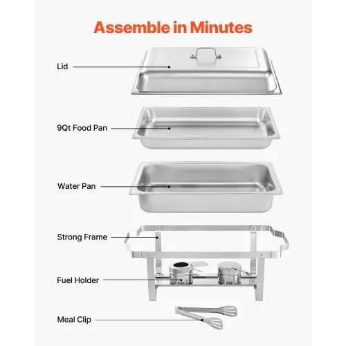 VEVOR rechteckiger Chafing Dish Set 8,5 L Speisenwärmer (4 Stk.) Buffet Warmhaltebehälter mit Griff & 2 Lebensmittelzangen & Deckel & Brennstoffhalter, geeignet für Bankett Party Hochzeit Silber – Bild 6