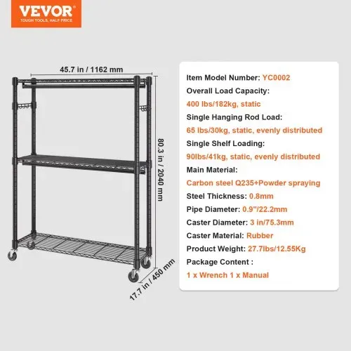VEVOR 3-lagiger Rollbarer Kleiderständer Garderobenständer Kleiderstangen, 204 cm Höhe Stahl Kleiderständer 182 kg Belastbar, Strapazierfähig Ständer für Schlafzimmer, Wäscheraum, Ankleidezimmer usw. – Bild 6