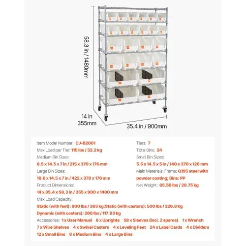 VEVOR Standregal, Lagerregal mit 7 Ebenen & 24 Stapelboxen, Bücherregal, Küchenregal mit Rollen, Werkzeugaufbewahrung für Garage, Lager, Büro, Restaurant, Klassenzimmer, Küche, 355x900x1480 mm – Bild 6