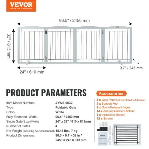 VEVOR Freistehendes Hundetor, Haustiertor, 610 x 813 mm Türschutzgitter 4-Platten-Faltbares Hundetor für Breite & Schmale Durchgänge, Erweiterbare Klappbare Hundebarriere, Weißes Treppenschutzgitter – Bild 6