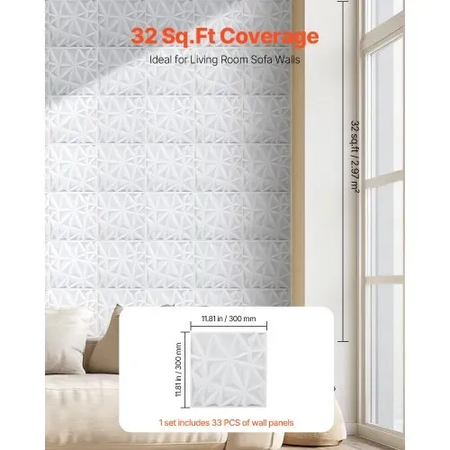 VEVOR 3D-Wandpaneele 33er-Set, 30x30 cm PVC-Moderne minimalistische Wandverkleidung, 2,97 m² Deckkraft, Wanddeko, Inneneinrichtung für Decke, Schlafzimmer, Wohn- und Spielzimmer, Mattweiß – Bild 4