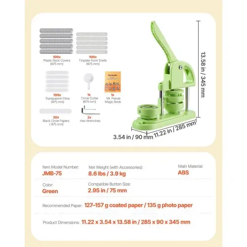 VEVOR Buttonmaschine Knopfmachermaschine Badge Punch Press 75 mm rund, Pinmaker mit 100 Knopfteilen & Kreisschneider & Zauberbuch & verstärkter ergonomischer Griff, DIY Badge Press Machine Grün – Bild 6