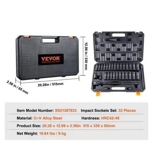 VEVOR 1/2 Zoll Steckschlüsselsatz CR-V-legierter Stahl 33-tlg Steckschlüssel Satz 10-24 mm Tiefe Stecknüsse Schlagschrauber, HRC 42-48 Steckschlüssel inkl Werkzeugkoffer, Metrisch Schraubenausdreher – Bild 6