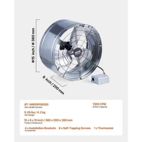 VEVOR Abluftventilator Dachboden, 380 x 200 mm, Luftabluftventilator mit einstellbarem Thermostat, Außengitter, 1300 CFM Luftstromkapazität, für Giebel, Dach, Garage, Werkstatt, Zuhause – Bild 6