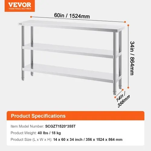 VEVOR Lebensmittel-Zubereitungstisch aus Edelstahl, gewerblicher Küchenarbeitstisch, mit 2 verstellbaren Unterregalen, Zubereitungstisch für Grill, Küche, Zuhause und Garage 356 x 1524 x 864 mm – Bild 6