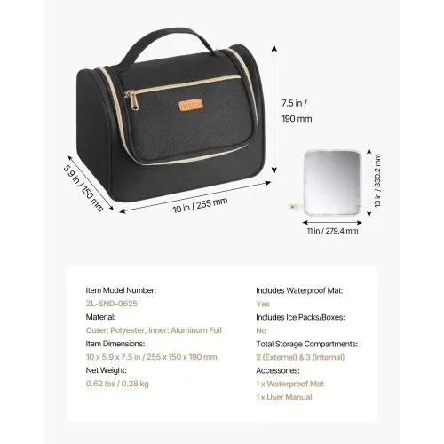 VEVOR Tragbare Milchpumpentasche, Tragetaschen für Milchpumpe, mit wasserdichter Matte, passend für M5/M6, Pumpzubehör & Aufbewahrung von Muttermilch, für Arbeit, Reisen, Schwarz, 255x150x190 mm – Bild 6