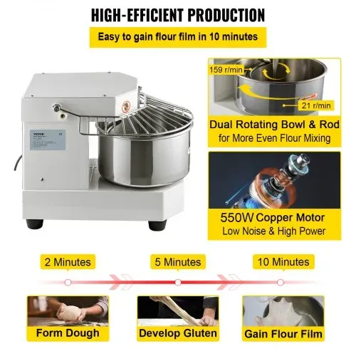 VEVOR Teigknetmaschine Küchenmaschine, 8 L Edelstahl Teigmixer, 450 W, einstellbar (130/233/414 U/min), inkl. Edelstahlschüssel, Sicherheitsschild, Timer, ideal für Bäckereien, Restaurants, Pizzeria – Bild 3