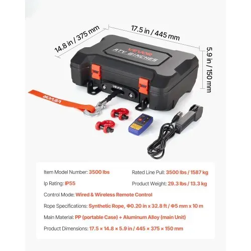 VEVOR Elektrische Seilwinde 12V, Mobile Seilwinde mit 1587kg Tragkraft & Fernbedienung, Tragbare Motorwinde mit Synthetikseil Seilführung Schäkelhaken Gurt Tragkiste, Elektrowinde für ATV UTV Offroad – Bild 6
