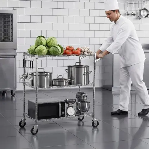 VEVOR Küchenwagen mit 3 Ebenen, Schwerlast-Servierwagen bis 300 kg, Rollwagen mit Höhenverstellbaren Drahtablagen und Griff, Metallregal auf Rollen für Küche, Garage & Waschküche, 890 x 453 x 1040 mm – Bild 7