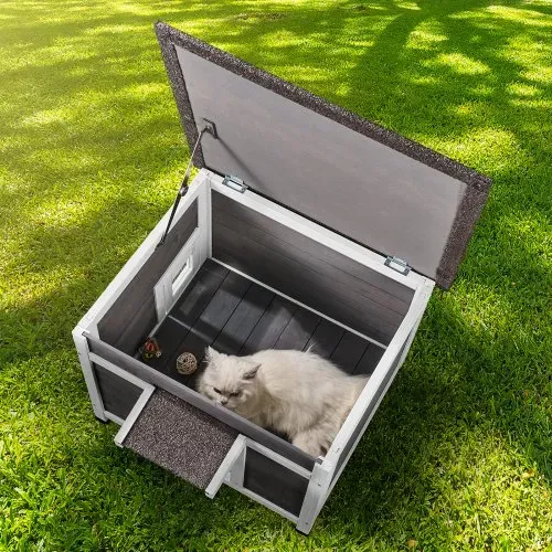VEVOR Katzenhaus für draußen, wetterfest, Unterschlupf für Wildkatzen für mehrere Katzen, Katzen-/Kaninchenhaus aus Holz für draußen mit Fenster, offenem Dach und Türklappen aus PVC, 61 x 53 x 46 cm (L x B x H) – Bild 7