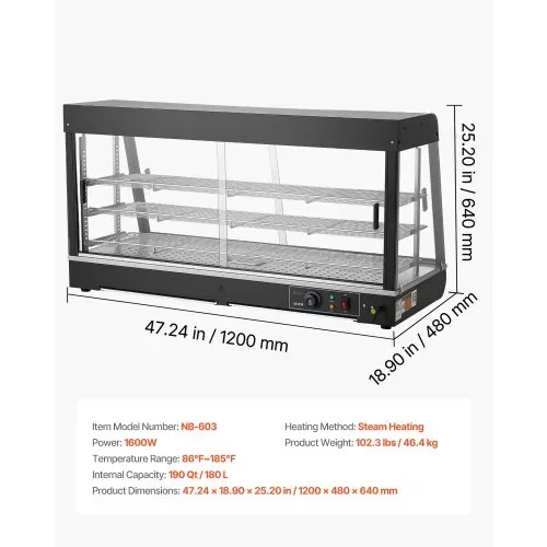 VEVOR 3-stöckige Wärmetheke 180 L, Warmhaltevitrine 1600 W, Warmhaltetheke 30–85 °C, Speisenwärmer mit LED-Beleuchtung & Verstellbaren Ablagen, Speisevitrine für Hamburger Pizza Brot Brathähnchen – Bild 6
