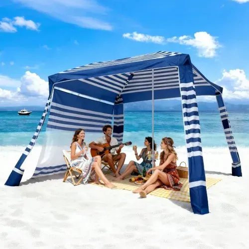 VEVOR Strand-Cabana, 2,4 x 2,4 m Strandüberdachung mit Seitenwand, UPF 50+ Sonnenschutz, Cabana mit Sandsäcken, höhenverstellbarer & tragbarer Sonnenschutz für Familie, marineblaue Streifen – Bild 7