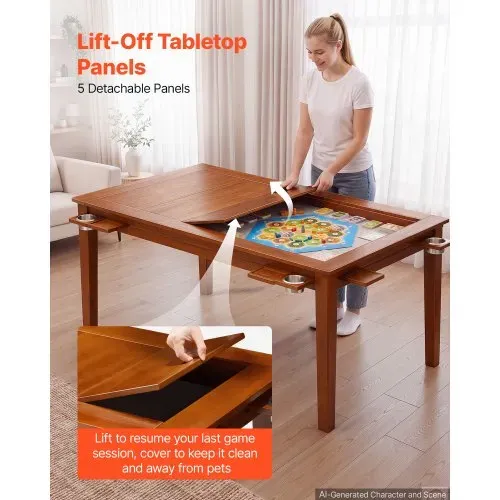VEVOR Brettspieltisch 160x100x76cm 2-in-1 Spiel- & Esstisch 200kg Belastbar, Geräumig für 6 Spieler, Massivholz, mit Abnehmbaren Tischplatten Getränkehaltern Leder-Spielmatte & Ausziehbaren Tabletts – Bild 4