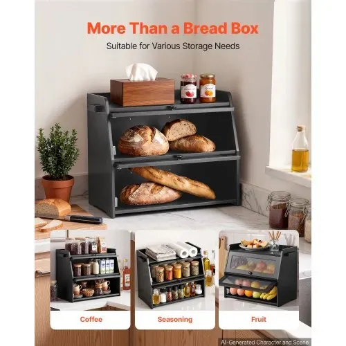 VEVOR Brotkasten mit 2 Acrylfenstern 464 x 251 x 361 mm Bambusholz Schwarz für Bagels, Muffins & Selbstgebackenes Brot, Brotbox mit Magnetverschluss, Seitenhaken & Belüftungslöchern, Brotkiste Küche – Bild 4