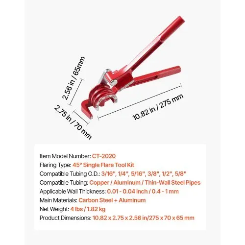 VEVOR 5 tlg. Bremsleitung Bördelgerät Set, 45° Bördelwerkzeug mit 7,6m x 4,76mm Bremsleitung für Einfachbördelung, Rohraufweiter mit 20 Anschlüssen 2 Verbindern & Rohrbieger, Reparatursatz für KFZ – Bild 6