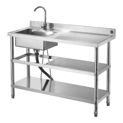 VEVOR Spültisch Spülbecken Edelstahl (120 x 50 x 94 cm), Einzelbecken mit Wasserhahn & 2 Ablagefächern, Küchenspüle für Garage Restaurant, Waschtisch Außenspüle mit Arbeitsplatte (recht) – Bild 10
