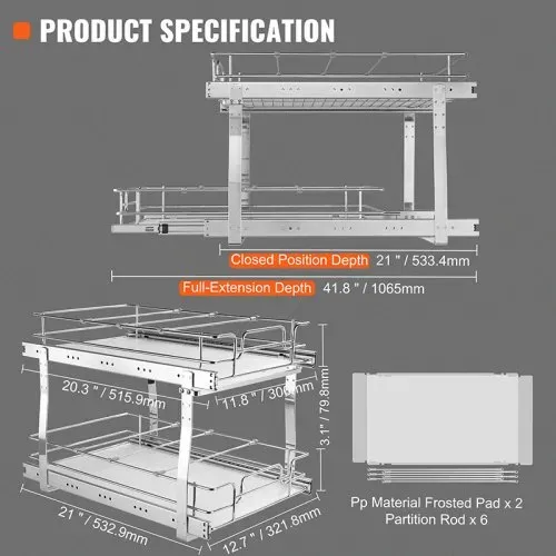 VEVOR Ausziehbares Gewürzregal Doppelkorb Spülschrankregal Küchenschrank, Schiebeschublade Waschbecken Gewürzregal Schrank Organizer Unterschrankregal 385x569x483 mm (Einbaumaße) – Bild 6