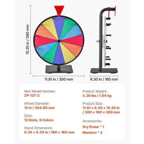 VEVOR Glücksrad Drehrad (305 mm) 12 Slots Glücksrad mit Ständer, Lotteriespiele Gewinn-Roulette mit Tafelschwamm und 2 Markern, 6 Farben, Spinning Prize Wheel ideal für Party Kneipe Messe – Bild 6