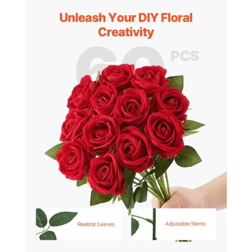 VEVOR Künstliche Blumen Rosen, 60 Stück Kunstblumen, Rote Gefälschte Rose mit Stielen, Schaumrosen für DIY Hochzeit Blumensträuße Braut Valentinstag Muttertag Zuhause Dekoration – Bild 3
