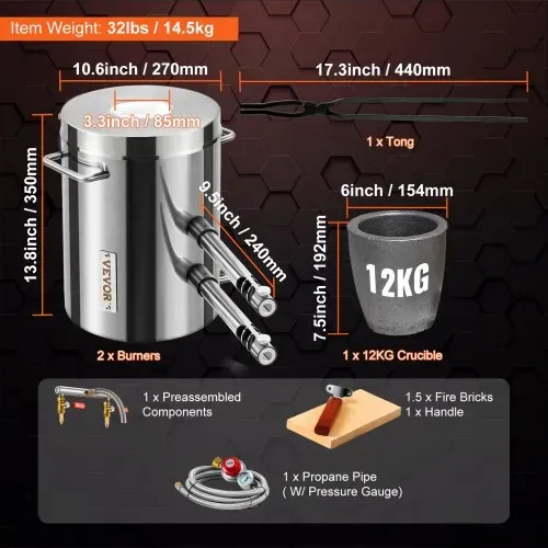 VEVOR Schmelzofen Propan Metall Schmelzofen 12 kg, Edelstahl Schmelzofen Gas 1482 ℃ inkl. 2 x Brenner, 1 x Tiegel, Schmiede Messerherstellung Schmiedeset für Kupfer, Aluminium, Gold, Silber usw. – Bild 6