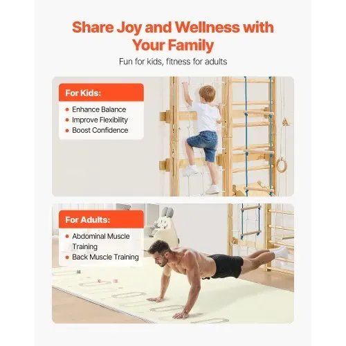 VEVOR schwedische Leiterwand 8 in 1 12-stufiges Kletterspielzeug aus Massivholz 100 kg belastbares Indoor-Klettergerüst mit Kletterbrett Turnringen Klimmzugstange Wandleiter Rutsche Schaukel – Bild 2