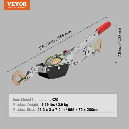 VEVOR Handhebelseilzug, 2 Tonnen (4.409 lbs) Zugkraft, 3,7 m Stahlkabel, 2 Haken, Hochleistungs-Ratschen-Handseilwinde mit Doppelgetriebe, Flaschenzug-Seilzieher, ideal für Fahrzeugrettung – Bild 6