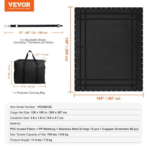 VEVOR Frachtnetz, 305 x 267 mm, LKW-Ladeflächennetz, 4 verstellbare Gurte mit Karabinern und gummibeschichteten Haken, Transportnetz, Gepäcknetz geeignet für Pickup, Jeep, LKW, SUV, Boot (schwarz) – Bild 6