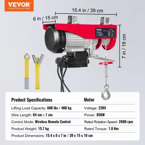 VEVOR elektrische Seilwinde 200kg bis 400kg Hubhöhe 12m Seilzug Motorwinde 850W Motor Flaschenzug 10m/min Hubgeschwindigkeit Hebezug mit kabelloser Fernbedienung Seilhebezug Kettenzug – Bild 6