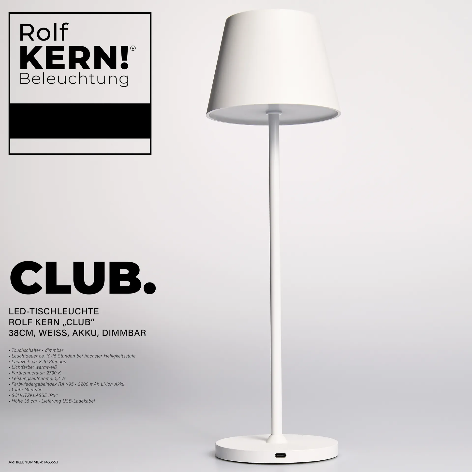 LED-Tischleuchte ROLF KERN Club 38cm, weiß, Akku, dimmbar – Bild 2