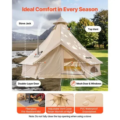 VEVOR Oxford Glockenzelt, 3 m Jurte, 4 Jahreszeiten, mit Ofenrohrdurchführung, bis zu 3 Personen, mit Abnehmbarem Boden (Reißverschluss), ideal für Familien-Camping, & Outdoor-Aktivitäten, Beige – Bild 4
