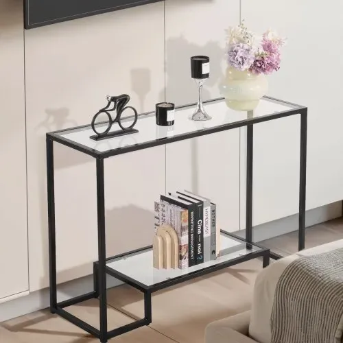 VEVOR 2-stufiger Konsolentisch moderner rechteckiger Flurtisch (107 x 35,4 x 75,5 cm) mit Platte aus gehärtetem Glas, Sofa-Beistelltisch mit Kippschutz für Wohnzimmer Flur Eingangsbereich Foyer – Bild 7