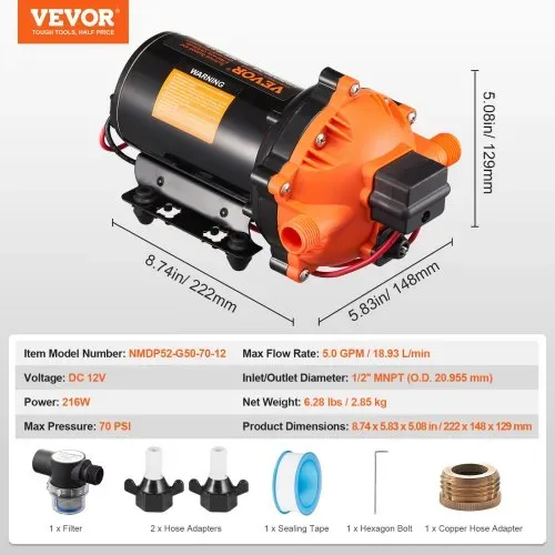 VEVOR 12-V-Membranpumpe, 18,93 L/min, 5-Kammer-DC-Wasserpumpe mit automatischem Druckschalter 40–100 PSI einstellbar, 70 PSI, 1/2 Zoll MNPT-Anschluss, für Wohnmobil, Yacht, Imbisswagen, Camper, Marine – Bild 6
