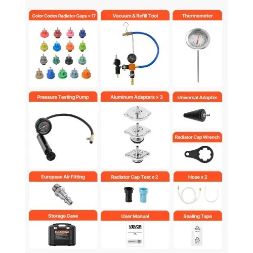 VEVOR Kühlmitteldruckprüfer-Set 47-tlg. Kühlwasser Befüllgerät mit 3 Metalladaptern, universelle Passform, Druckprüfwerkzeug für Kfz-Kühlsysteme, mit Druckpumpe und Aluminium-Kunststoff-Füller – Bild 6