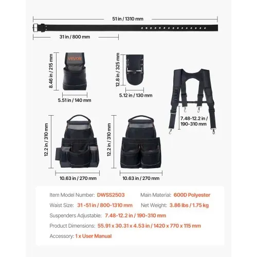 VEVOR Werkzeuggürtel, Handwerkergürtel mit 19 Taschen & Hosenträgern, Werkzeughalter, Hammerhalter für Elektriker, Schreiner & Bauarbeiter, Schürzenorganizer, verstellbar von 800 bis 1310 mm – Bild 6