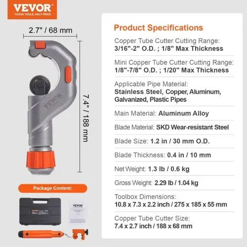 VEVOR 3-teiliges Rohrschneider-Set, 3/16"-2" AD Kupferrohrschneider, 1/8"-7/8" AD Mini-Rohrschneider und Entgratungswerkzeug, robustes Rohrschneider-Set für Kupfer-, Aluminium-, Edelstahl- und Kunstst – Bild 6