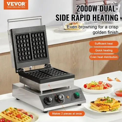 VEVOR kommerzielles Waffeleisen Waffelmaschine 2000 W antihaftbeschichtetes belgisches Waffeleisen aus Edelstahl mit Temperatur- und Zeitregelung, für Restaurant Bäckerei Snackbar 2 Stk. Waffeln VEVOR kommerzielles Waffeleisen Waffelmaschine 2000 W antihaftbeschichtetes belgisches Waffeleisen aus Edelstahl mit Temperatur- und Zeitregelung, für Restaurant Bäckerei Snackbar 2 Stk. Waffeln
