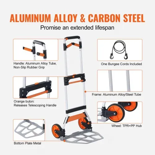 VEVOR Sackkarre Klappbar 140kg Transportkarre aus Aluminiumlegierung und Kunststoff Stapelkarre mit verstellbarem Griff 900-1109mm Faltbarer Trolley inkl. Bindeseil kompakte Größe zum Verstauen – Bild 3